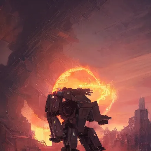 Image similar to portrait of timberwolf battlemech on fire, battle damage, sunset glow around head, intricate, elegant, highly detailed, digital painting, artstation, concept art, smooth, sharp focus, illustration, art by artgerm and greg rutkowski and alphonse mucha, background is a city in ruins