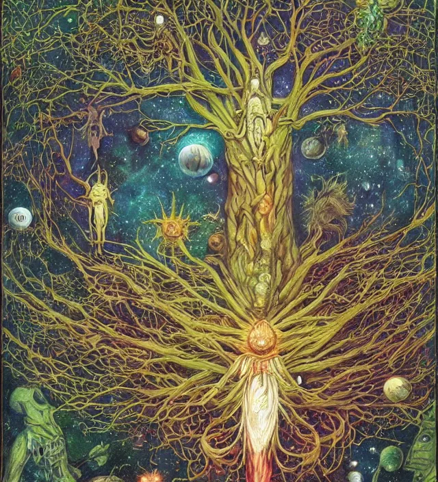 Image similar to aliens grow humans from the cosmic tree of life, whilst it absorbs all galactical and masonic energy fields, by daniel merriam, deep and rich colours,