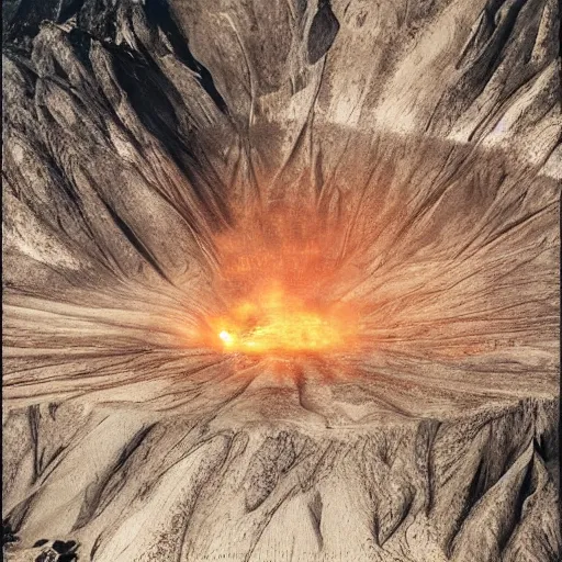 Prompt: down shot of a volcano crater, backlit, highly detailed, soft ambient lighting, sharp focus, rule of thirds, epic, masterpiece, digital art, artgerm, wlop, arney freytag, rossdraws, frank frazetta, andrei riabovitchev, hd, octane, 4 k