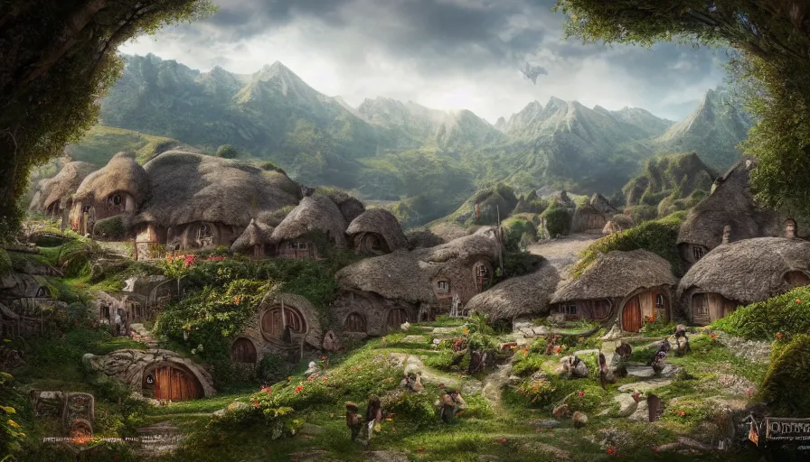 Image similar to matte painting of a beautiful hobbit village, digital art, trending on artstation