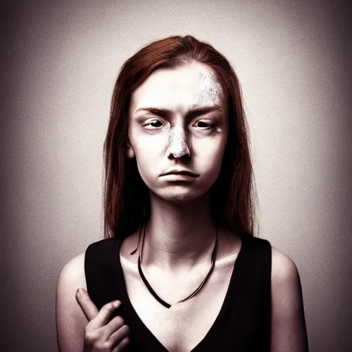 Prompt: beautiful portrait of a hopeless, worthless, lonely, ( young woman ) lawyer, sad, frightening, depressing, miserable, stunning, intelligent, stark, vivid!!, sharp, crisp, colorful!!, ultra ambient occlusion, reflective, universal shadowing, fantasy art, extremely even lighting.