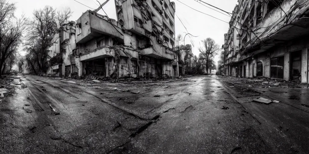 Image similar to dashcam footage of abandoned concrete street, decayed buildings on the side, rain, neon lights, slight lens glare