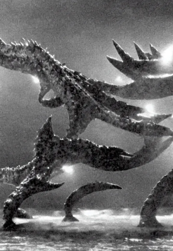 Image similar to a filmstill of a north korean monster movie, kaiju - eiga monster starfish - like trampling a traditional korean palace, foggy, film noir, video compression