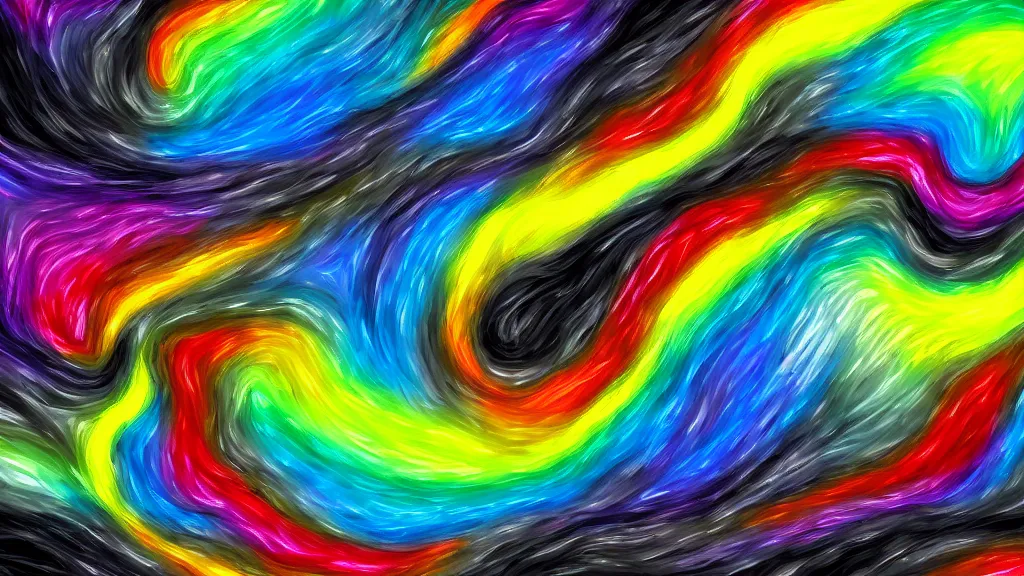 Image similar to digital painting of twisting rainbow in black sky. black puffy clouds. slanting rain.