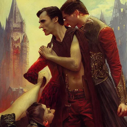 Image similar to attractive male, arthur pendragon confesses his love to attractive male dracula the vampire. highly detailed painting by gaston bussiere, craig mullins, j. c. leyendecker 8 k