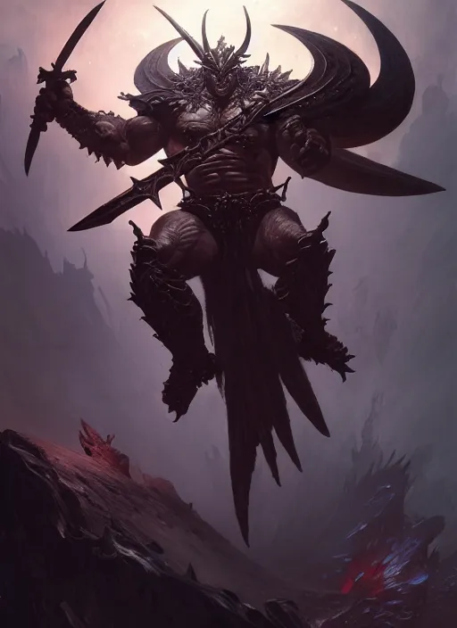 Image similar to a male horned demon fighter with a huge sword and wings, dim light, front game card, marvel comics, dark, intricate, highly detailed, smooth, artstation, digital illustration by ruan jia and mandy jurgens and artgerm and wayne barlowe and greg rutkowski and zdislav beksinski