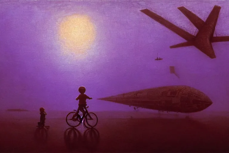 Prompt: kid rides a bicycle waving good bye to the airship at sunset, in the style of beksinski, intricate and epic composition, purple by caravaggio, insanely quality, highly detailed, masterpiece, purple light, artstation, 4 k