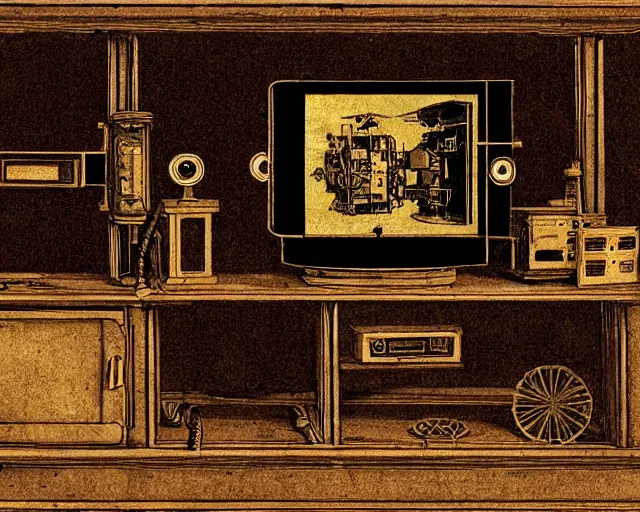 Image similar to steampunk mechanical electrical television set sketch by leonardo da vinci