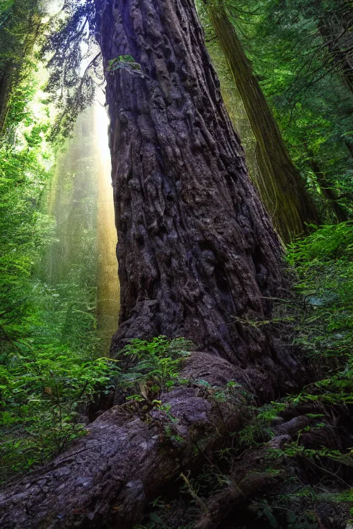 Image similar to In some of the column carved with Norse gods there is a huge glowing redwood, light filtering through the gaps in the leaves, Sparkling in the flowing creek, Tyndall effect, hone finished, national geographic, 8K, hyper detailed, crepuscular ray, low angle, superwide shot, lunapunk