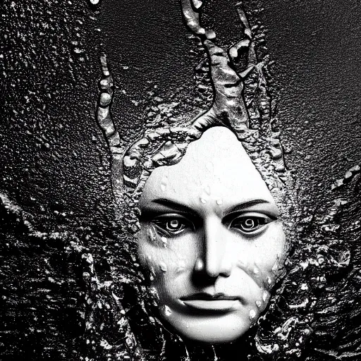 Image similar to icon of a realistic human head made out of water, water art manipulation, dark background