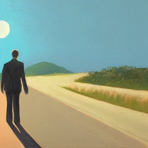 Prompt: painting of a man away walking into the sunset, from a distance