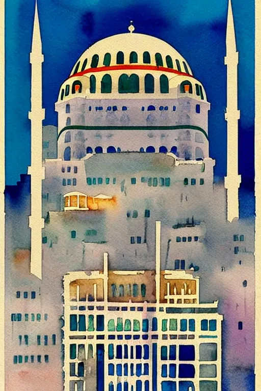 Image similar to minimalist colorful watercolor line art of istanbul, art deco, cityscape, matte drawing, poster art by chihiro iwasaki john and singer sargent