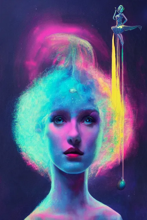 Prompt: zorbeez fairy,painted by Danny Flynn and Kevin Wasden,trending on artstation, simple lighting camera view from above,Eraserhead ,vaporwave ,60s kitsch and psychedelia ,oil and canvas ,Blade Runner 2049 ,