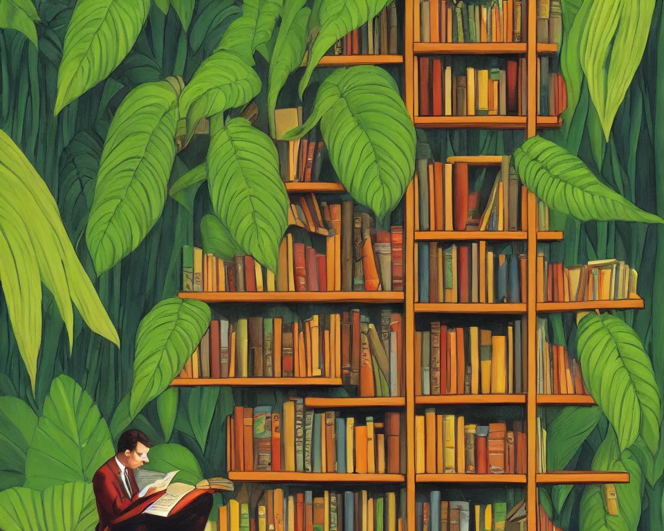 Prompt: one small bookshelf in the rainforest, featuring federal reporters, by hopper. hyperdetailed, proportional, romantic, enchanting, achingly beautiful, graphic print, trending on artstation, jungle, tropical, foliage