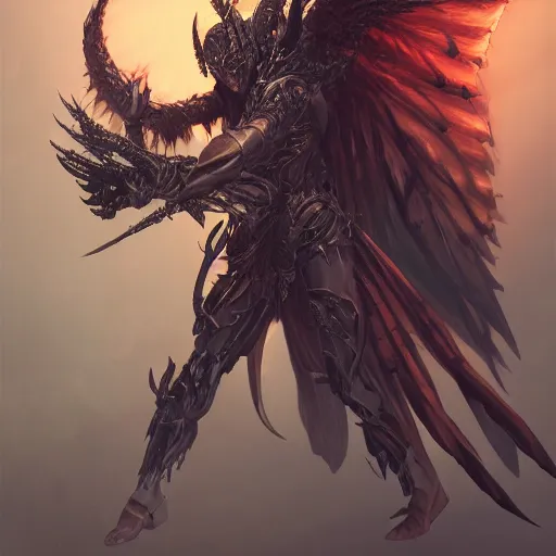 Image similar to a demon hunter with demonic wings, au naturel, hyper detailed, digital art, trending in artstation, cinematic lighting, studio quality, smooth render, unreal engine 5 rendered, octane rendered, art style by klimt and nixeu and ian sprigger and wlop and krenz cushart