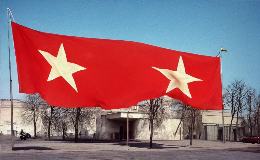 Image similar to 60s movie still of a giant stalinist style sovietic hall with a USSR flag, by Irving Penn , cinestill 800t 35mm eastmancolor, heavy grainy picture, very detailed, high quality, 4k, HD criterion, precise texture, panoramic, cinematic