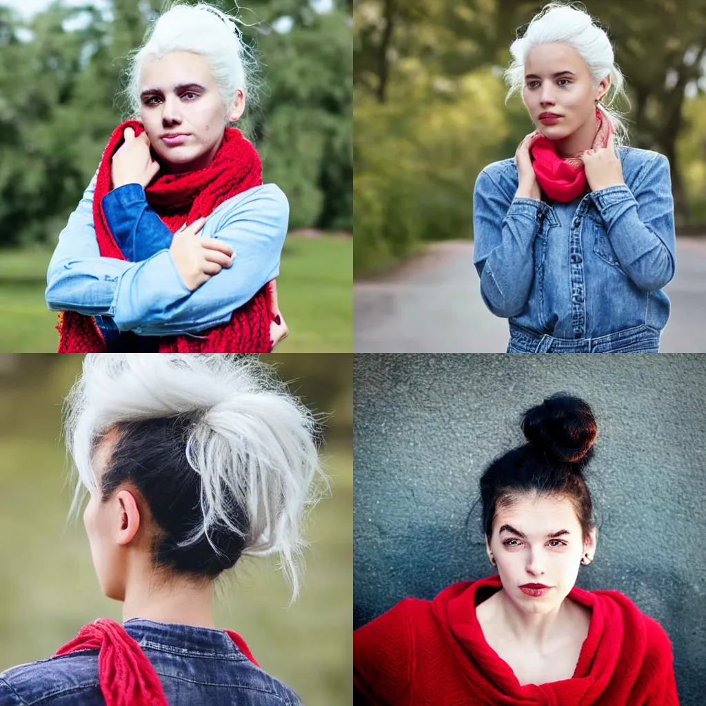 Prompt: portrait of a girl with white hair in a messy hairbun. She is wearing a short black tshirt, blue jeans, a red scarf.