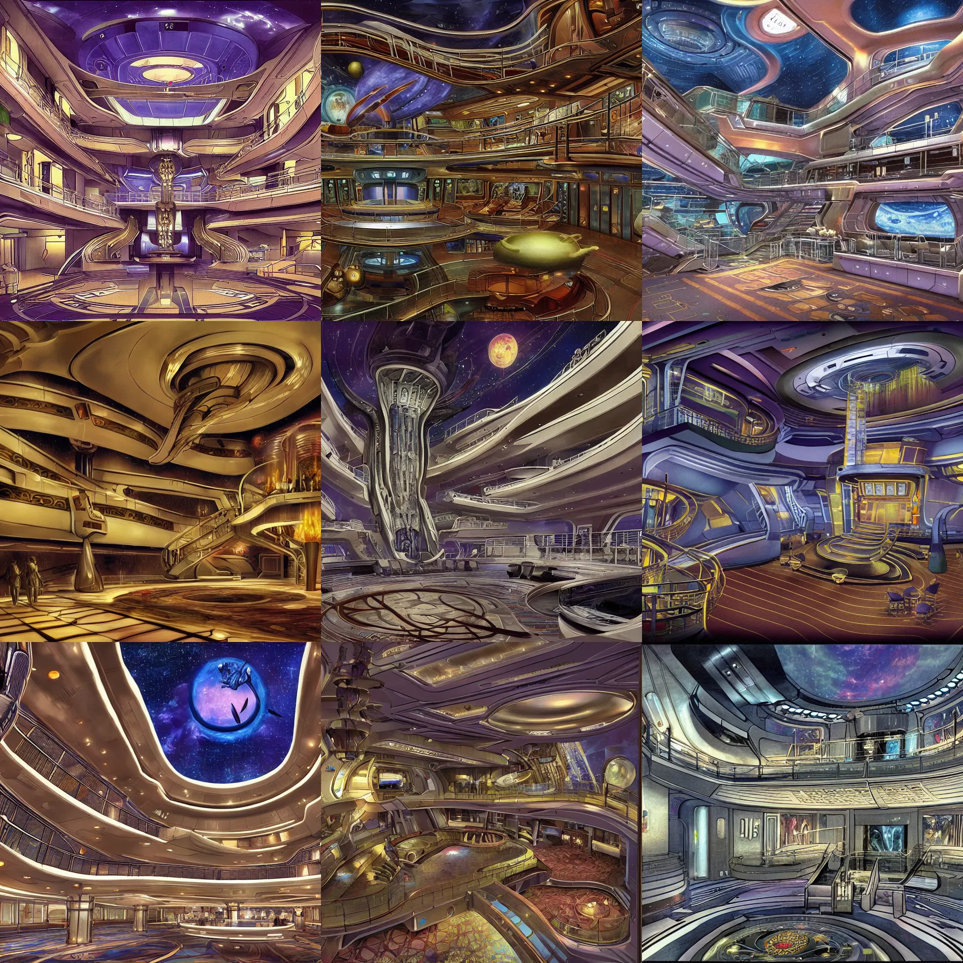 Prompt: the main lobby on a large cruise spaceship, from a space themed point and click 2 d graphic adventure game, set design by hg giger, art inspired by thomas kinkade