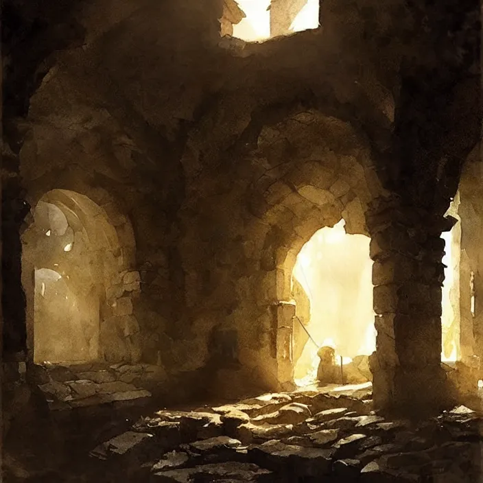 Prompt: watercolor painting of dark ruin cellar, stone walls, lantern, very beautiful ambient lighting, sun rays, dust, art by anders zorn, wonderful masterpiece by greg rutkowski, cinematic light, american romanticism by greg manchess, creation by tyler edlin