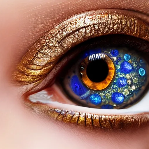 Image similar to close view of an eye of a woman with complex makeup reflecting the skeleton of an dead crow, gems, gold, bright colors ultrawide lens, details, studio lighting, realism, complex lights