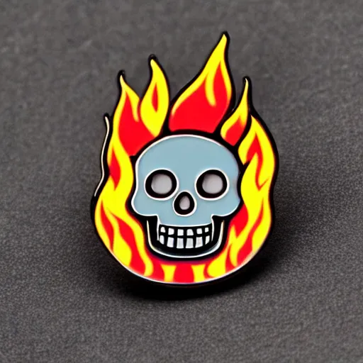 Prompt: a black and white retro minimalistic smiling happy skull with fire flame enamel pin