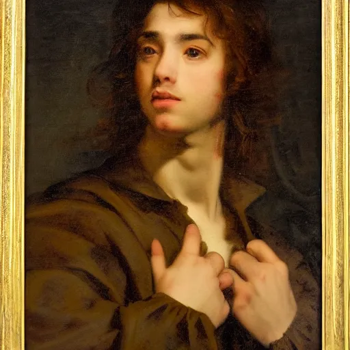 Image similar to portrait of a young gentleman in the style of valentin de boulogne, beautiful landscape in the background