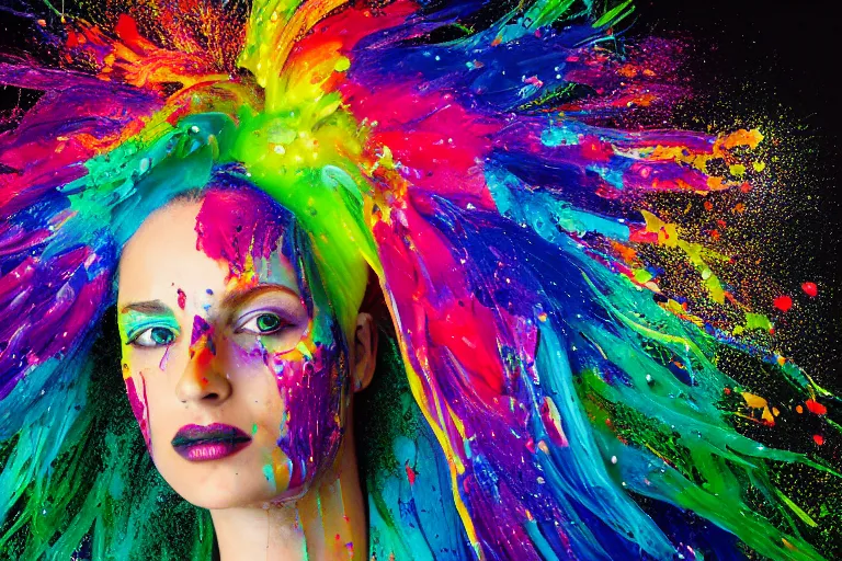 Image similar to a highly detailed cinematic headshot portrait photograph of a woman with a liquid paint headdress, with rainbow paint splash, melting smoothly into other faces, liquid, ultra realistic, beautiful rim lighting, by richard avedon and annie leibovitz and arnold newman, photorealistic, hyperrealistic, octane, high speed camera, zeiss lens, sharp focus, paint splash