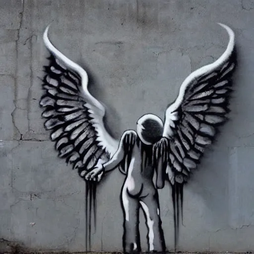 Image similar to angel wings devil horns street art by banksy