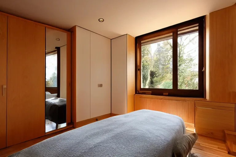 Prompt: a wardrobe with one of its doors open with winter inside it, luxurious bedroom with wooden floor and sunbeams streaming through the window