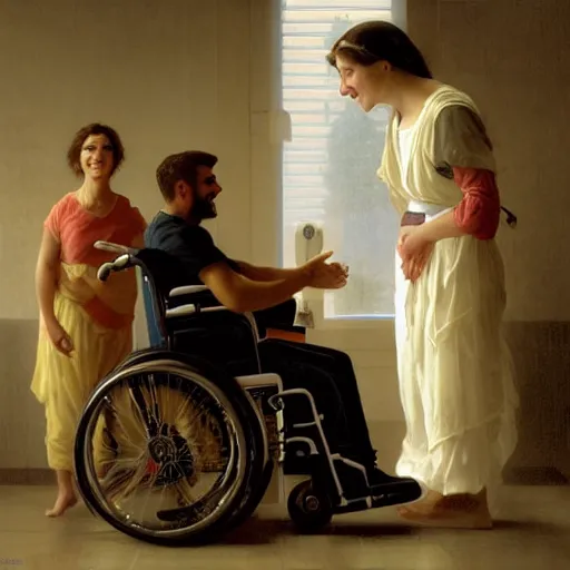 Image similar to a male patient in a wheelchair in the hospital with his wife and son standing by. happy, cheerful, smiling, intricate, face enhance, sharp focus, cinematic lighting, featured in artistation, 8 k, art by greg rutkowski, william adolphe bouguereau