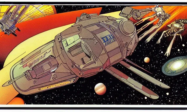 Prompt: spaceship, orbit of mars, michael kaluta