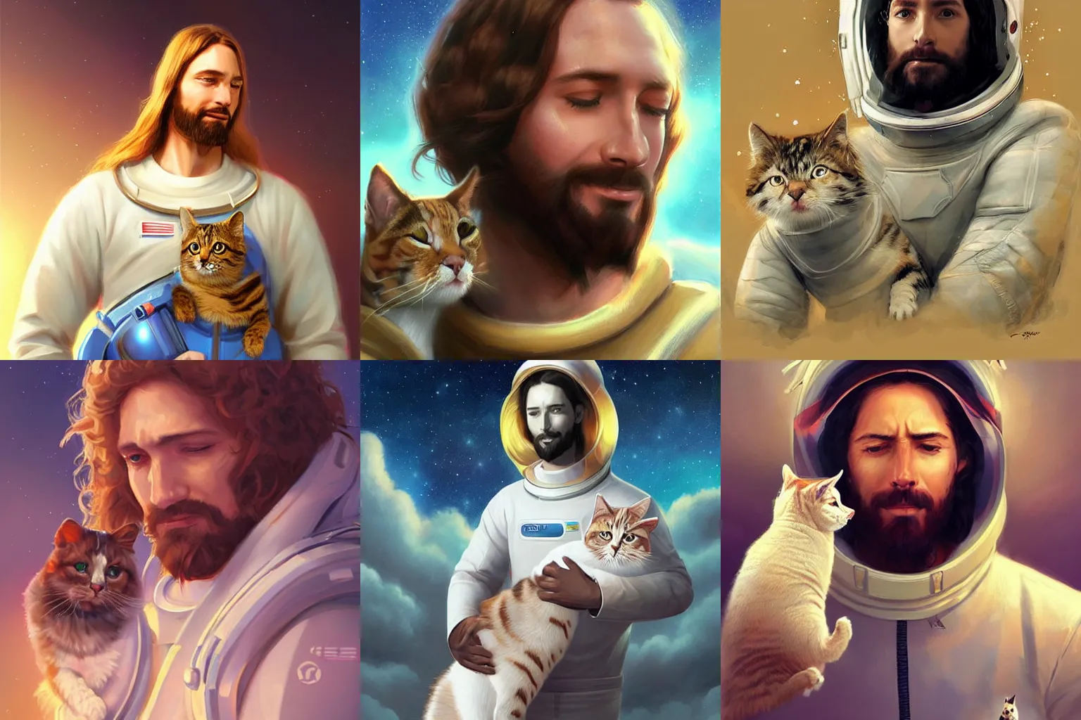 Prompt: head and shoulders masterpiece portrait of a jesus and his pet cat wearing a spacesuit, surreal background, digital art by Krenz Cushart, trending on artstation, cgsociety,