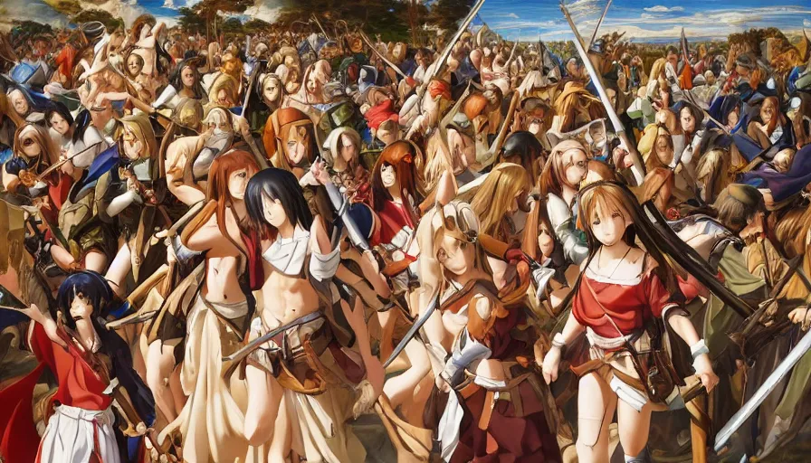 Image similar to jesus christ our lord leading an army of anime girls into battle, photorealistic, anime, mini skirt, long hair, renaissance painting, hyper real, detailed, wide angle shot, ultra detailed