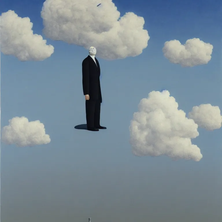 Image similar to portrait of a faceless shadow - head man in a suit, clouds in the background, by rene magritte, detailed painting, distance, centered, hd, hq, high resolution, high detail, 4 k, 8 k