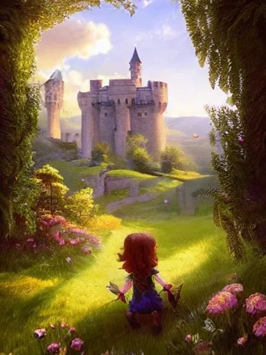 Image similar to children playing inside a meadow inside the castle walls. intricate, elegant, highly detailed, digital painting, artstation, concept art, sharp focus, illustration, by justin gerard and artgerm, 8 k