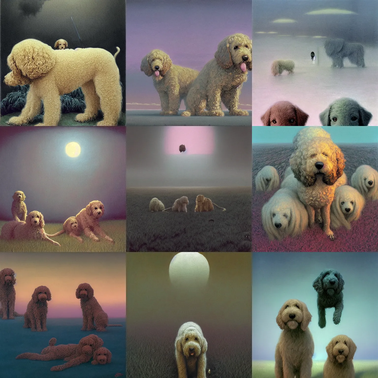 Prompt: goldendoodles getting ready to hunt human prey, pastel colors, dark color palette, digital art, matte print, pixiv, by Zdzislaw Beksinski, by Studio Ghibli