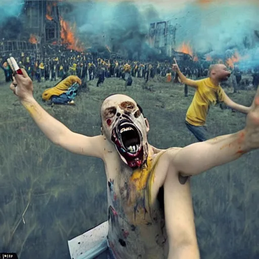 Prompt: selfie of a ukrainian screaming in pain and terrible injuries from a nuclear explosion, everything is on fire and radiation, in the background there are a lot of people like zombies, corpses and skeletons, a large nuclear explosion in the background, people are painted in yellow - blue cheers, all dirty with severed limbs, bad day