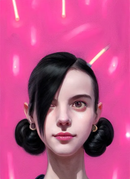 Image similar to portrait of teenage girl, realistic, black hair, bangs, half updo hairstyle, pointy nose, skinny, smile, ugly, defined jawline, big chin, pink hair bow, earrings, intricate, elegant, glowing lights, highly detailed, digital painting, artstation, sharp focus, illustration, art by wlop, mars ravelo and greg rutkowski