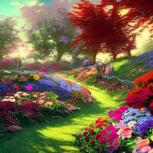 Prompt: a landscape full of flowers and colors in the style of alice in wonderland, by thomas kinkade, trending on artstation, hdr