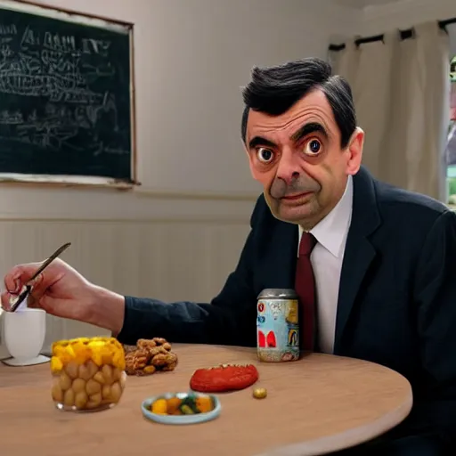 Prompt: mr bean eats a can of beans