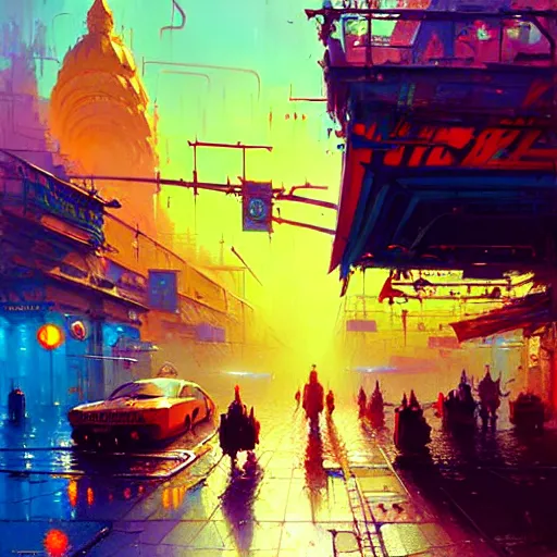 Prompt: street city, hyperrealism, bright colors, no blur, 4k resolution, ultra detailed, style of John Berkey, Hans Thoma, Ivan Shishkin, Tyler Edlin, Thomas Kinkad, Ismail Inceoglu, Finnian MacManus, Anton Fadeev