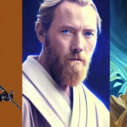 Image similar to Portrait of Obi-Wan Kenobi wearing a traditional Japanese kimono and holding a blue lightsaber, intricate, elegant, highly detailed, digital painting, artstation, concept art, smooth, sharp focus, illustration, art by artgerm and greg rutkowski and alphonse mucha and andrei riabovitchev