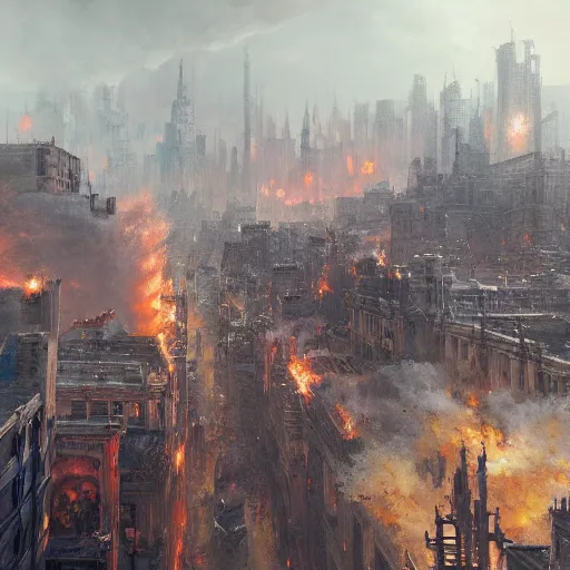 Image similar to Hyper detailed painting of a fantasy city, the city is on fire, smoke rising from the buildings to the skies, pyres on the streets, view from above, by Greg Rutkowski, trending on artstation