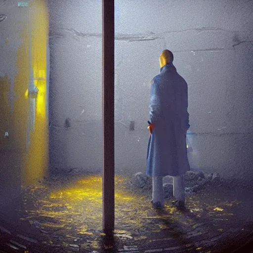 Prompt: shakespeare standing in a damp prison cell, dimly lit, painting, simon stalenhag, blue and yellow color scheme, moody concept art artstation hyperdetailed