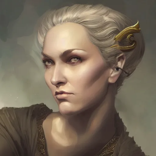 Image similar to a detailed matte head - on portrait painting of an middle - aged half - tiefling noblewoman with golden eyes and short well kept hair, by charlie bowater, lise deharme, wlop, tending on arstation, dungeons and dragon, dnd, pathfinder, fanart, oil on canvas