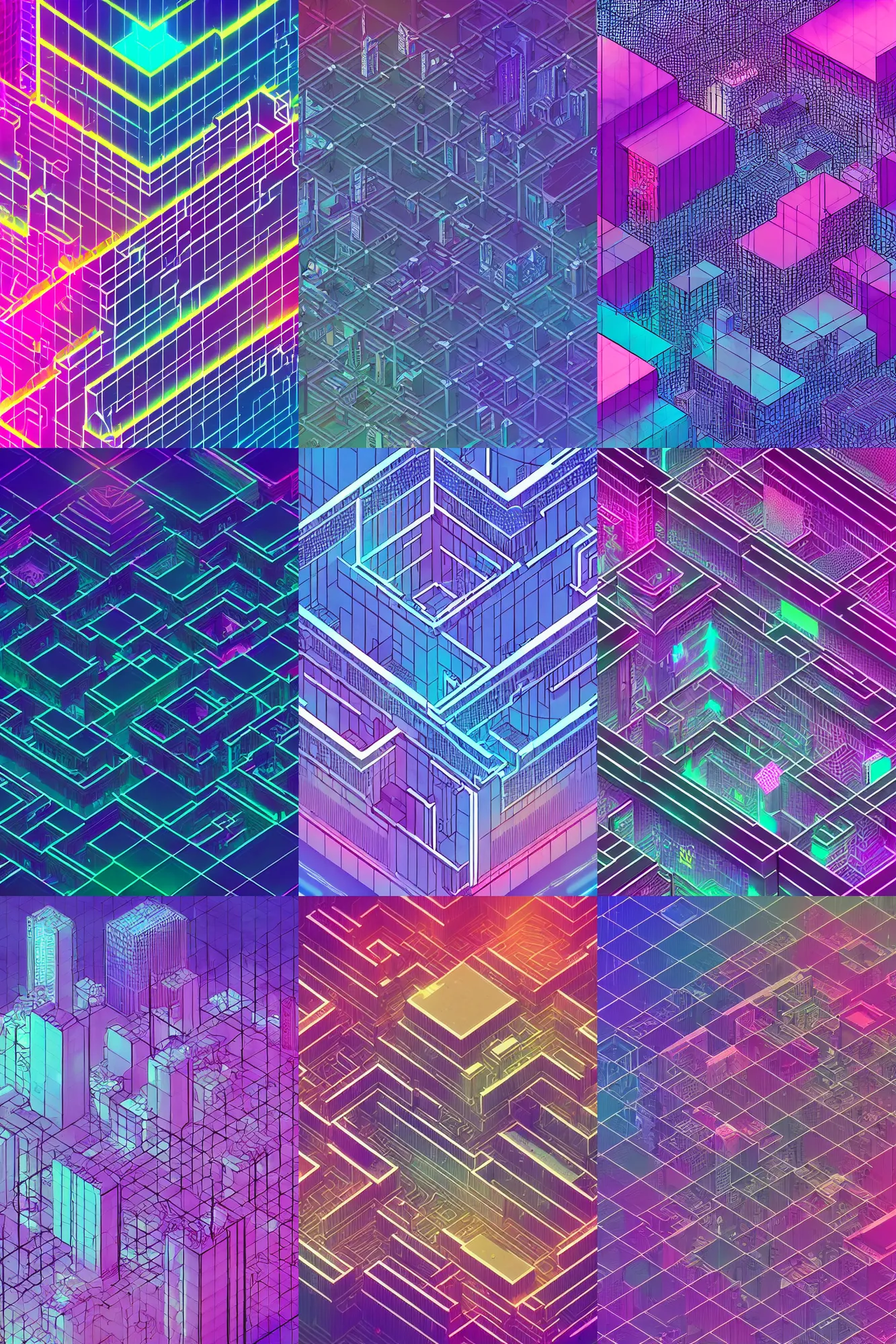 Prompt: intricate isometric axonometric synthwave illustration, geographic synthwave wireframe ground plane grid pattern, brutalist urban city cyberpunk downtown, tiling, synthwave moon high at top, luminous lines, large synthwave moon, intricate synthwave wireframe grid pattern