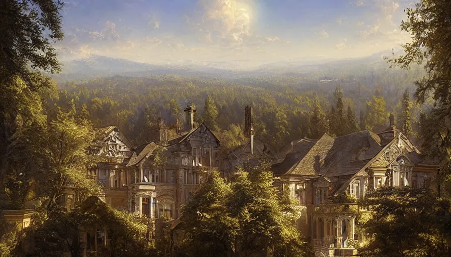 Image similar to view from a victorian manor house balcony overlooking a forest valley, highly detailed, architecture, sunny, blue sky, cinematic lighting, highly angle, godrays, volumetric, digital art painting by greg rutkowski