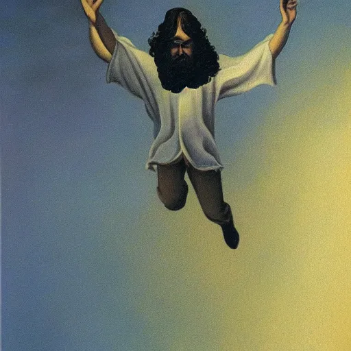 Image similar to very very detailed painting of jesus christ flying through space and time, radiating pure light, painted by rene magritte