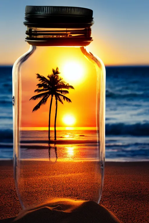 Prompt: photograph of a glass jar with a tropical island inside, standing in sand on a beach. palm trees in the jar. waves in the jar. an island in the jar. quiet sunset in the background. soft golden red lighting. hyperrealistic, cgsociety, 8 k