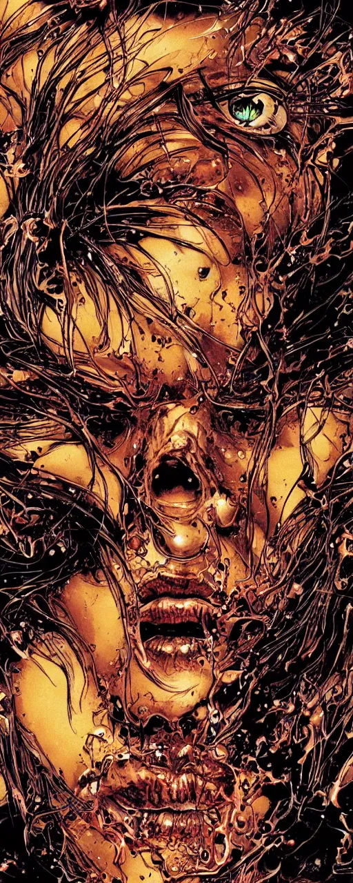 Image similar to closeup of face melting in agony, inside dark oil, frontal picture, by yoichi hatakenaka, masamune shirow, josan gonzales and dan mumford, ayami kojima